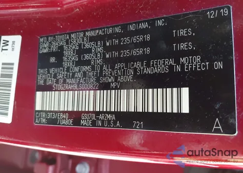 2020 Toyota Highlander Xle z USA, uszkodzony, nr VIN 5TDGZRAH9LS000822